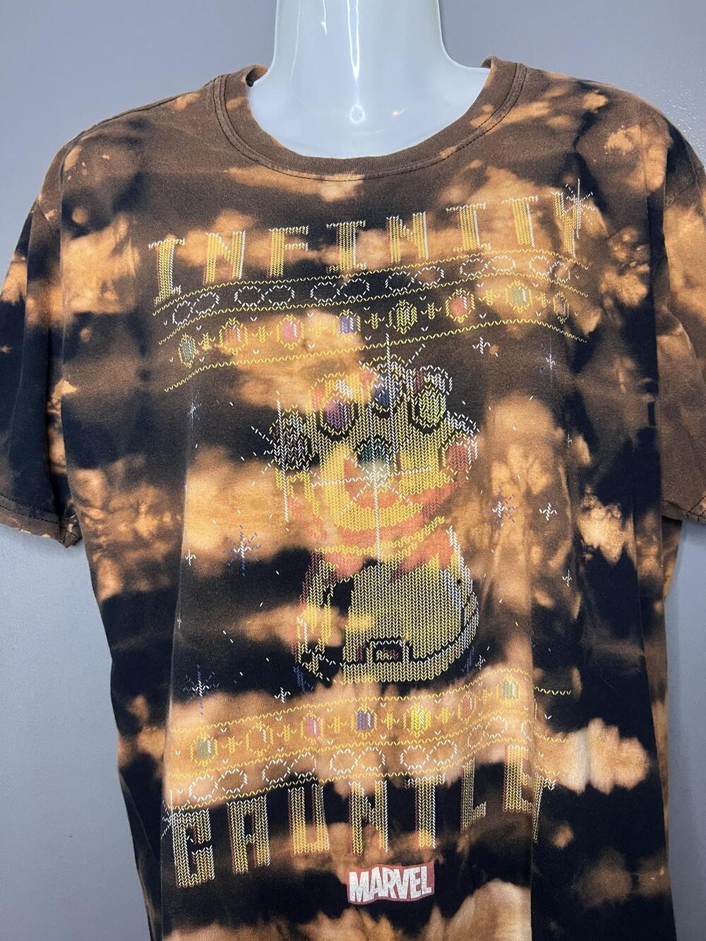 Marvel Infinity Gauntlet Shirt Mens Large Brown Bleach Tie Dye Christmas Tee